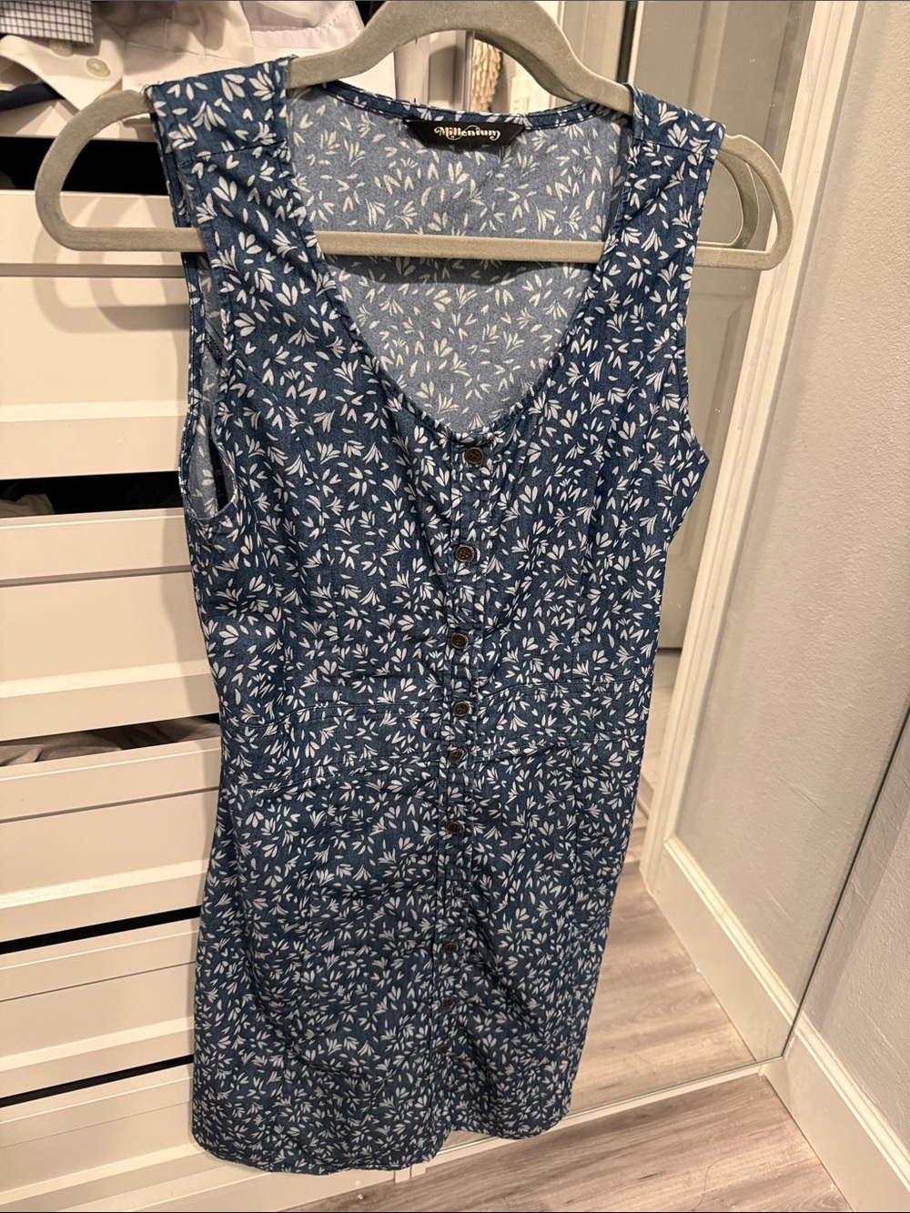 Sleeveless Blue Printed Button-Front Mini Dress
